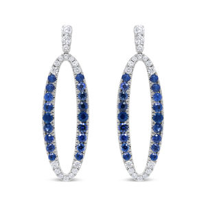 18K White Gold 1.11 Carat Blue Diamond & Blue Sapphire Oval shape Dangle Earring